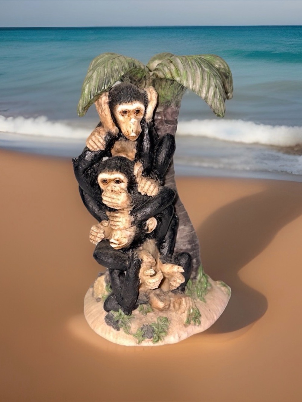 Three Wise Monkeys Hear See Speak No Evil Palm Tree Resin Candle Holder